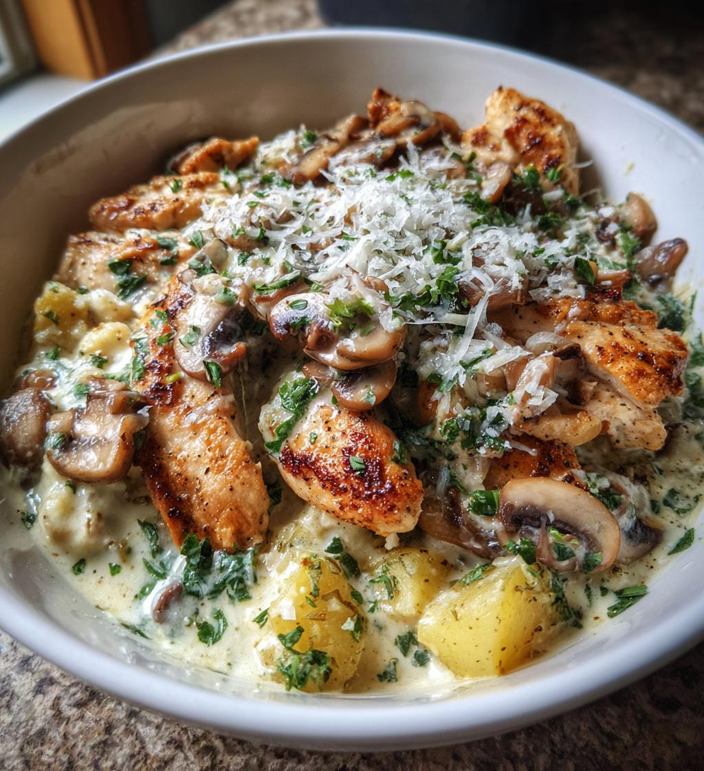 chestnut garlic greek chicken alfredo with sage potatoes mushroom basil pesto cream - detail 1