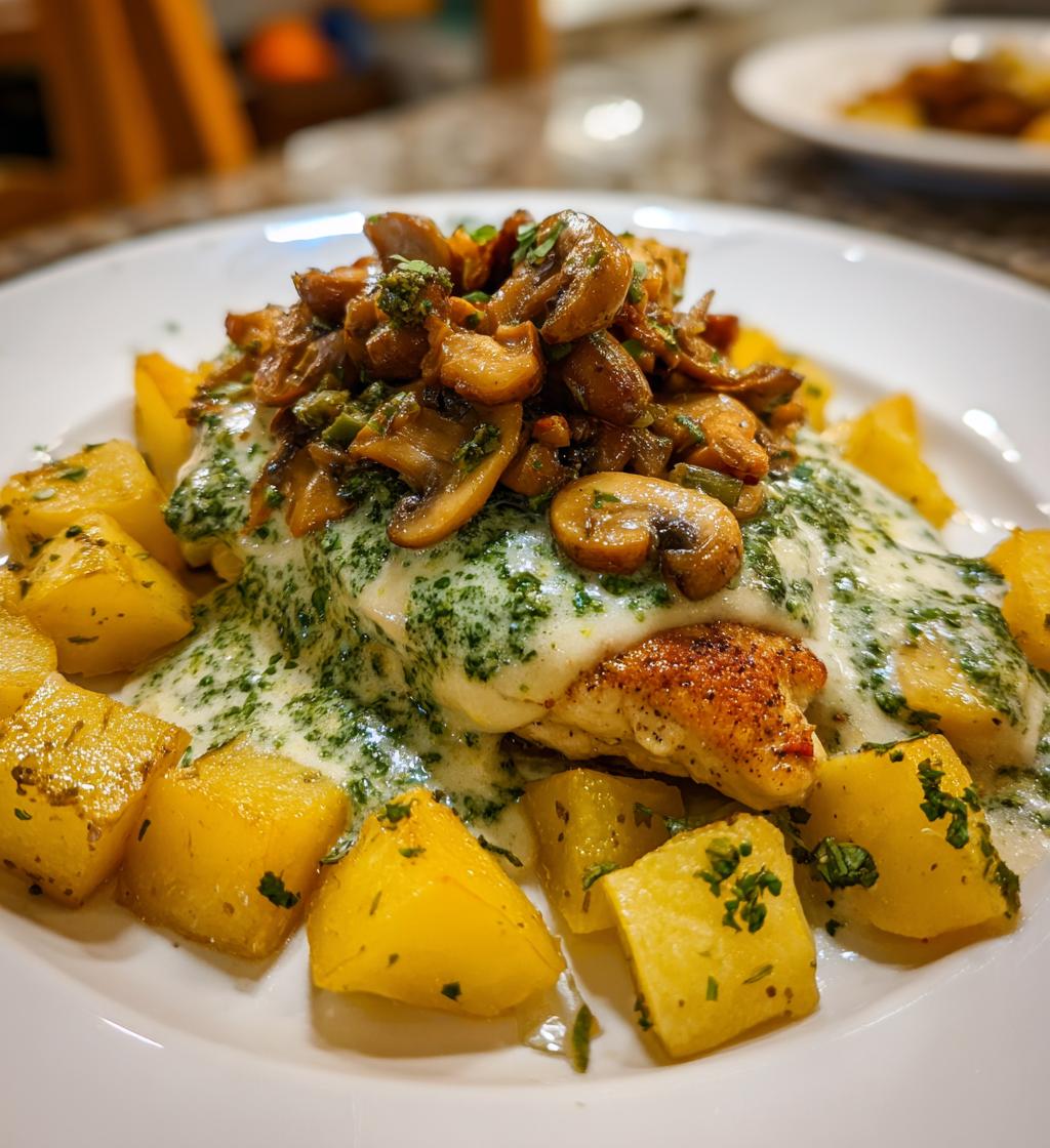 chestnut garlic greek chicken alfredo with sage potatoes mushroom pesto cream - detail 1