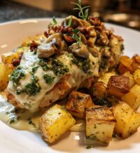 chestnut garlic greek chicken alfredo with sage potatoes mushroom pesto cream