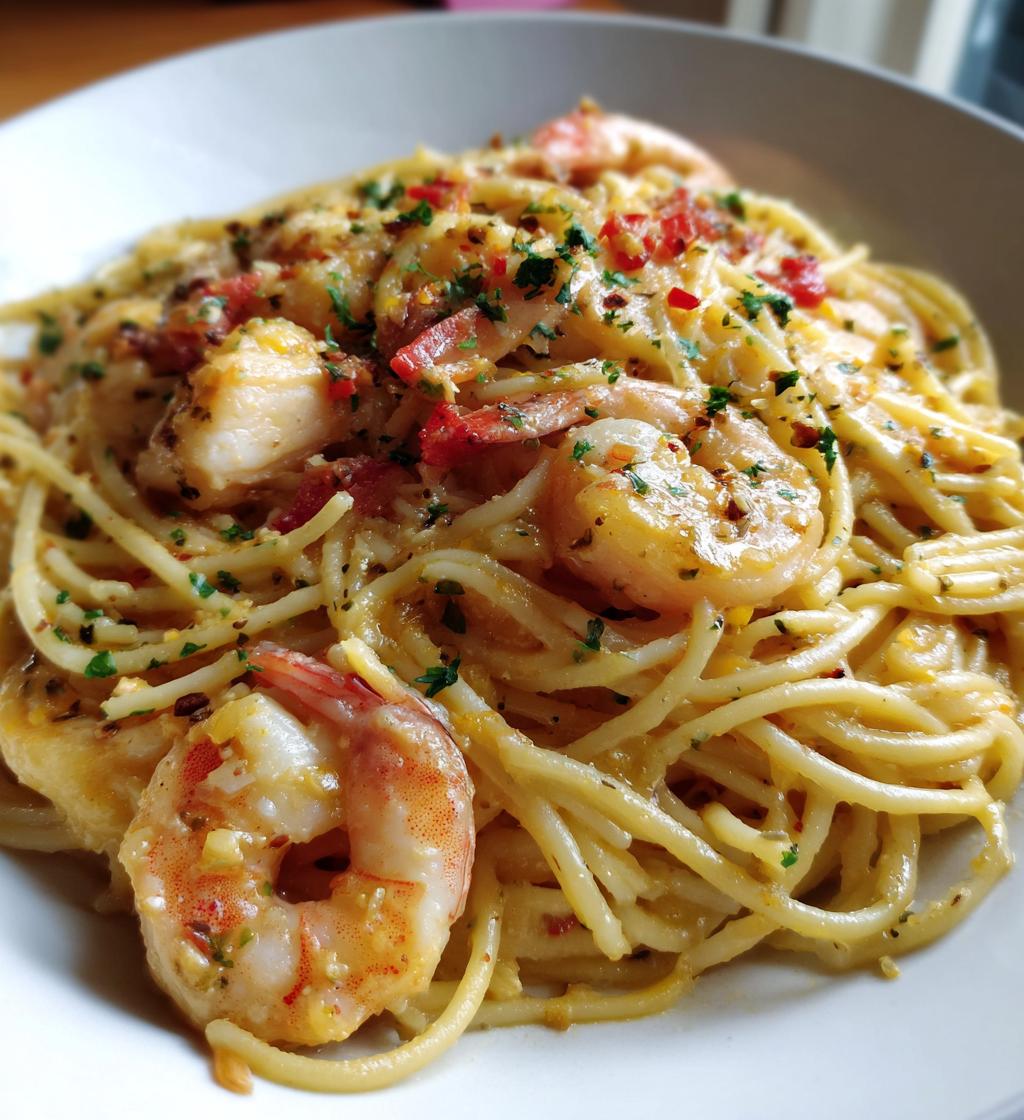 chicken and shrimp carbonara - detail 1