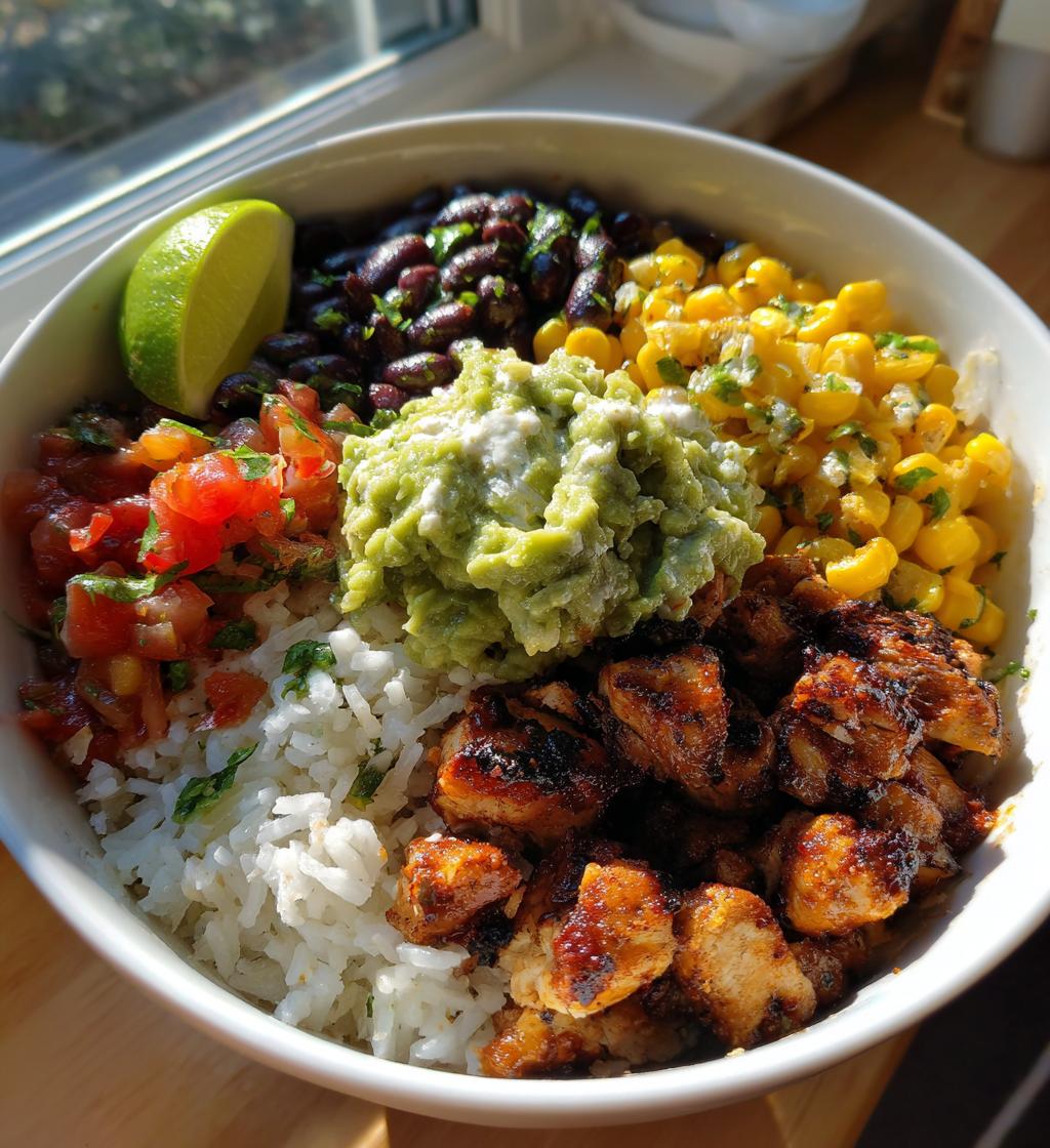 chicken burrito bowl with guac lime