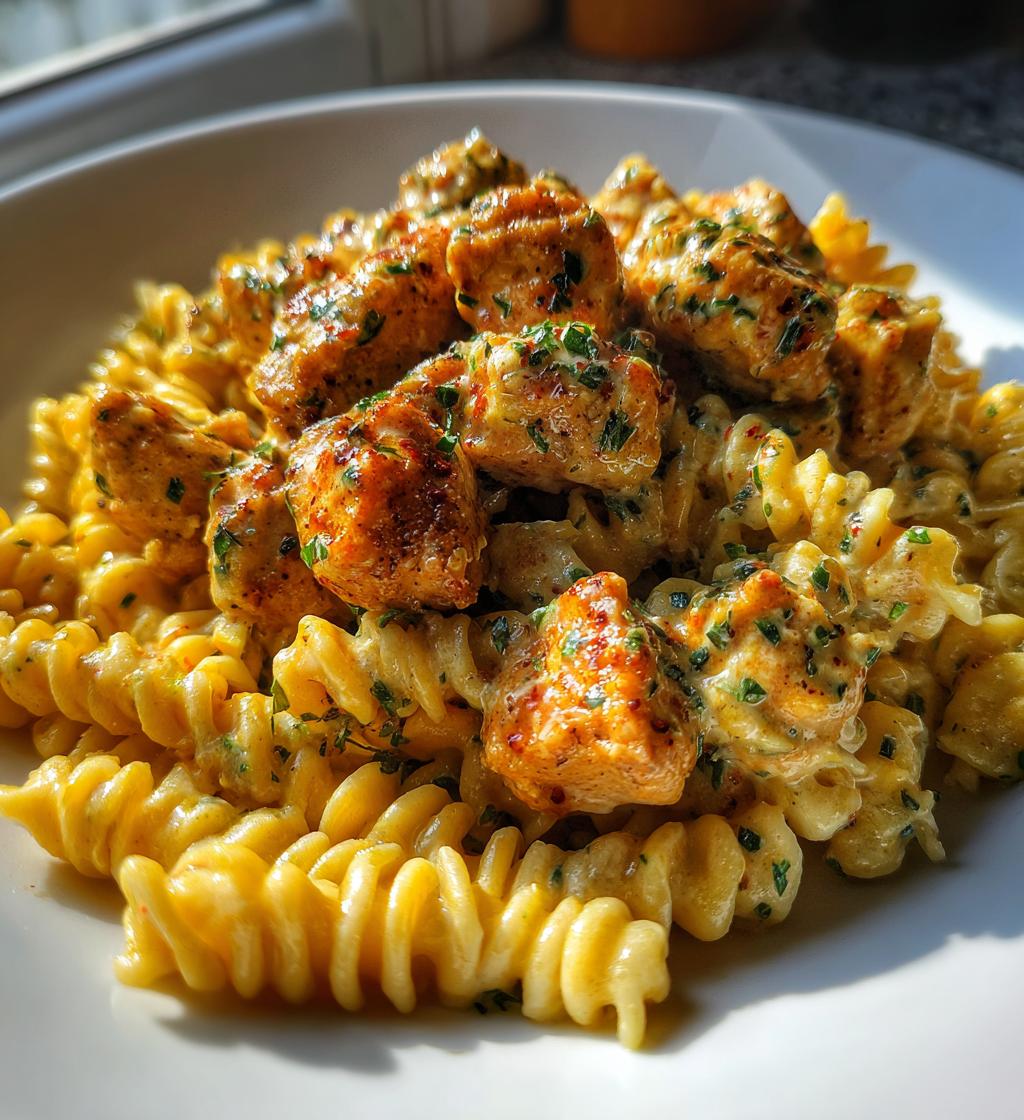 chili garlic butter chicken bites with creamy cajun corn alfredo twists - detail 1