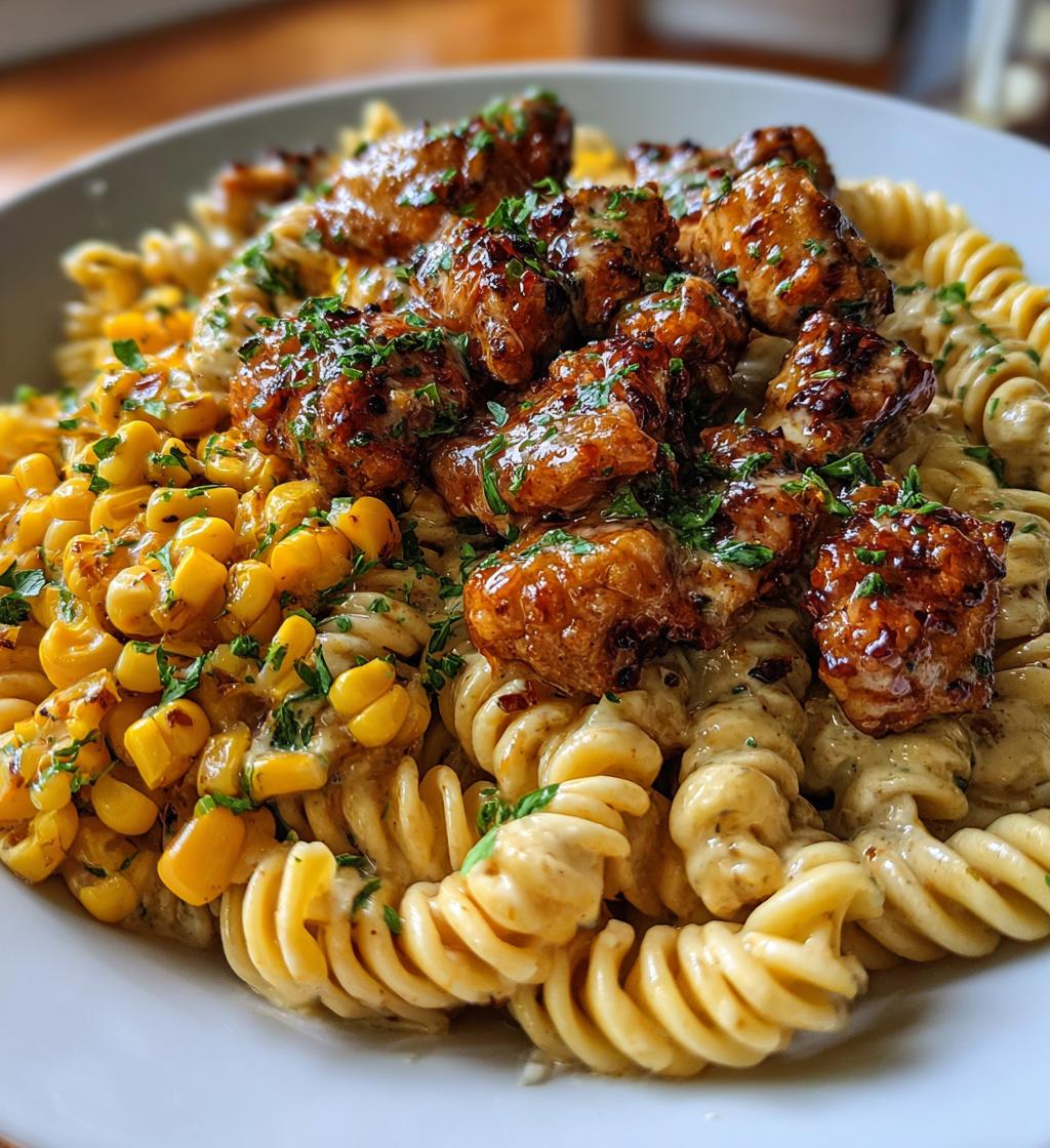 chili garlic butter chicken bites with creamy cajun corn alfredo twists