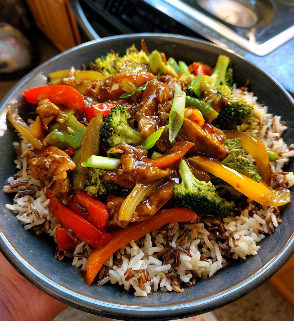 colorful teriyaki chicken stir fry recipe with rainbow veggies wild rice - detail 1