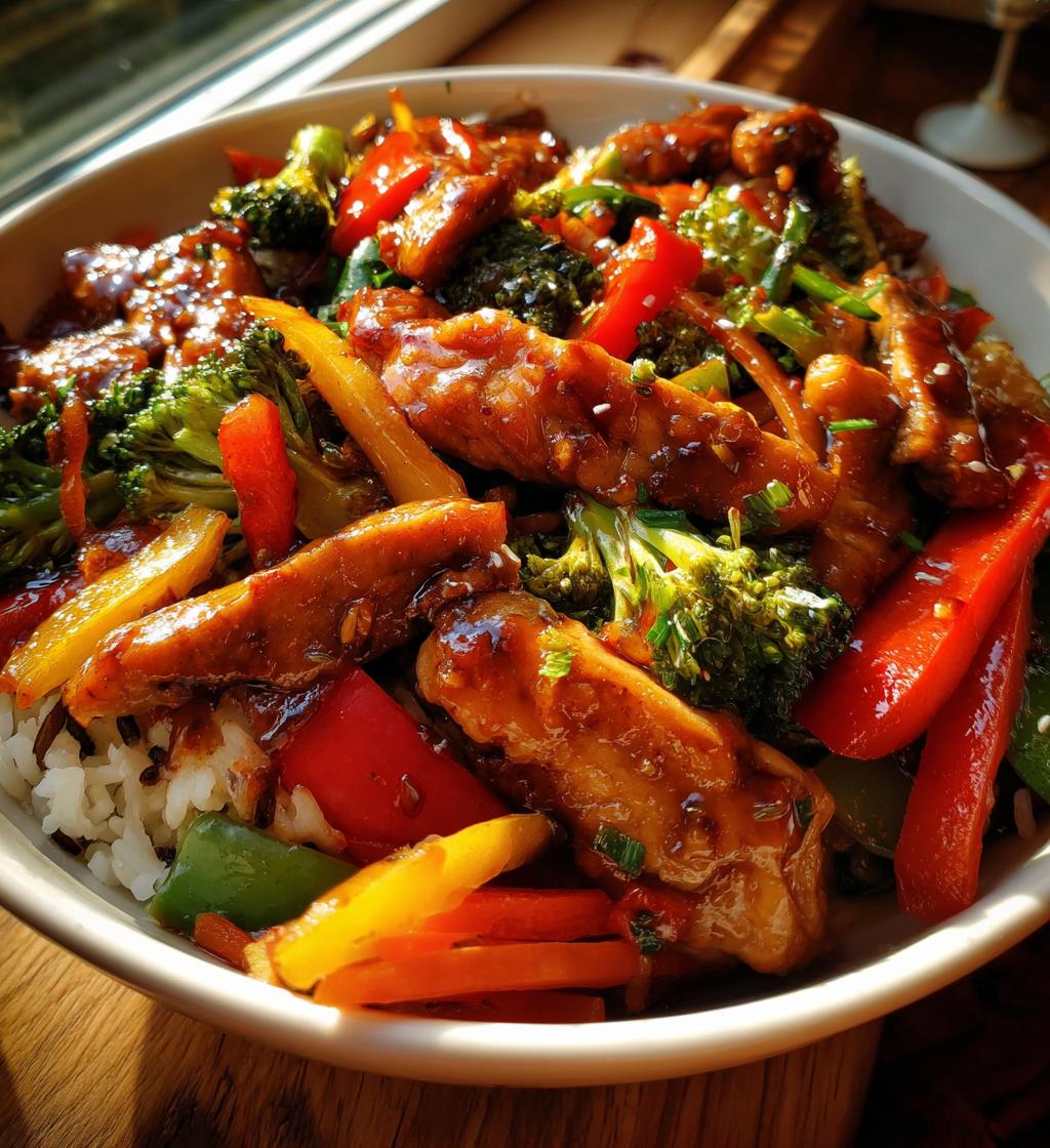 colorful teriyaki chicken stir fry recipe with rainbow veggies wild rice