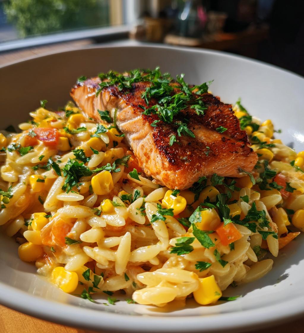 creamed corn orzo with salmon a cozy elegant meal - detail 1
