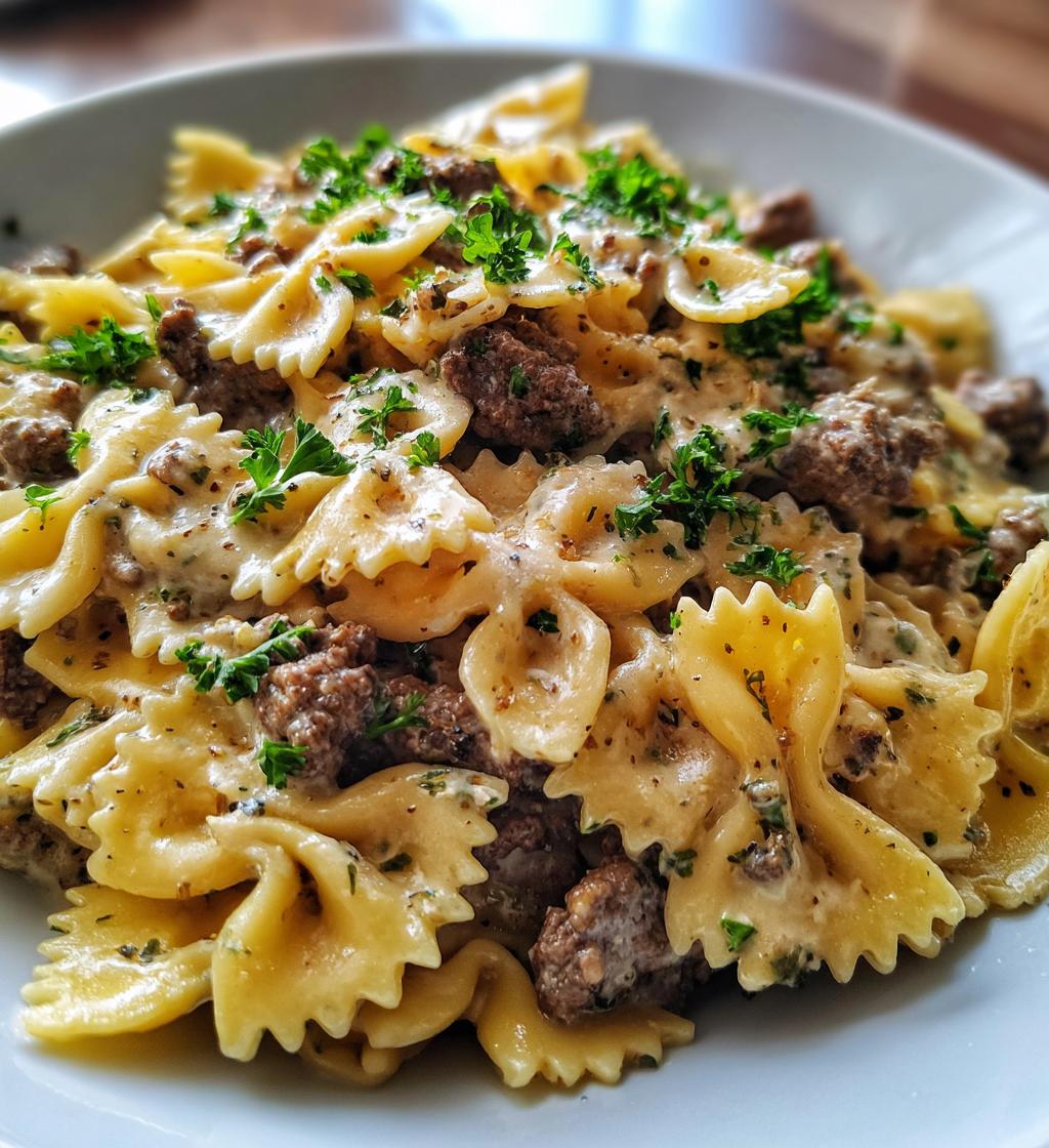 creamy beef bowtie pasta with garlic parmesan sauce