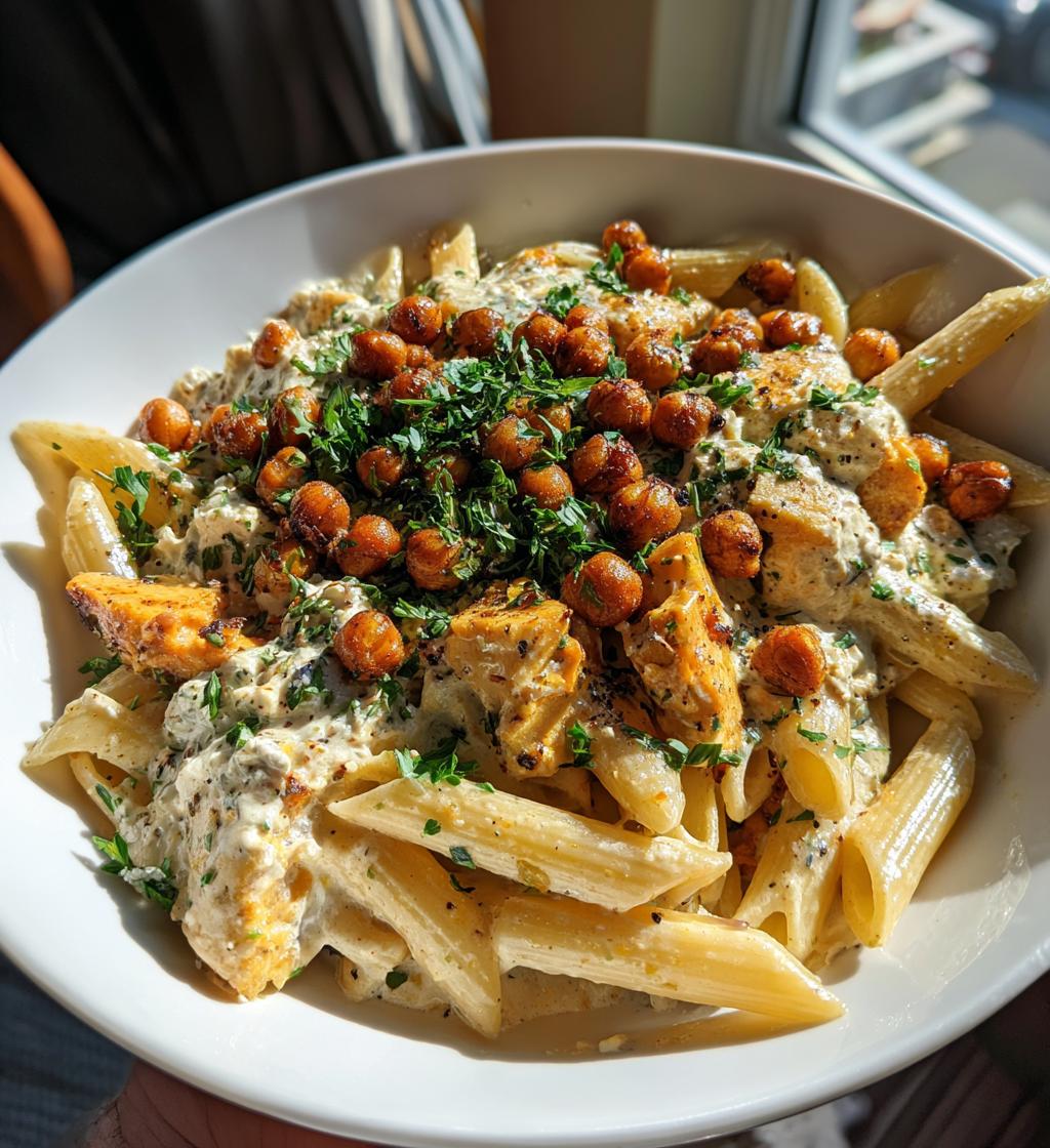 creamy cajun chicken pasta with whipped roasted garlic feta crispy chickpeas