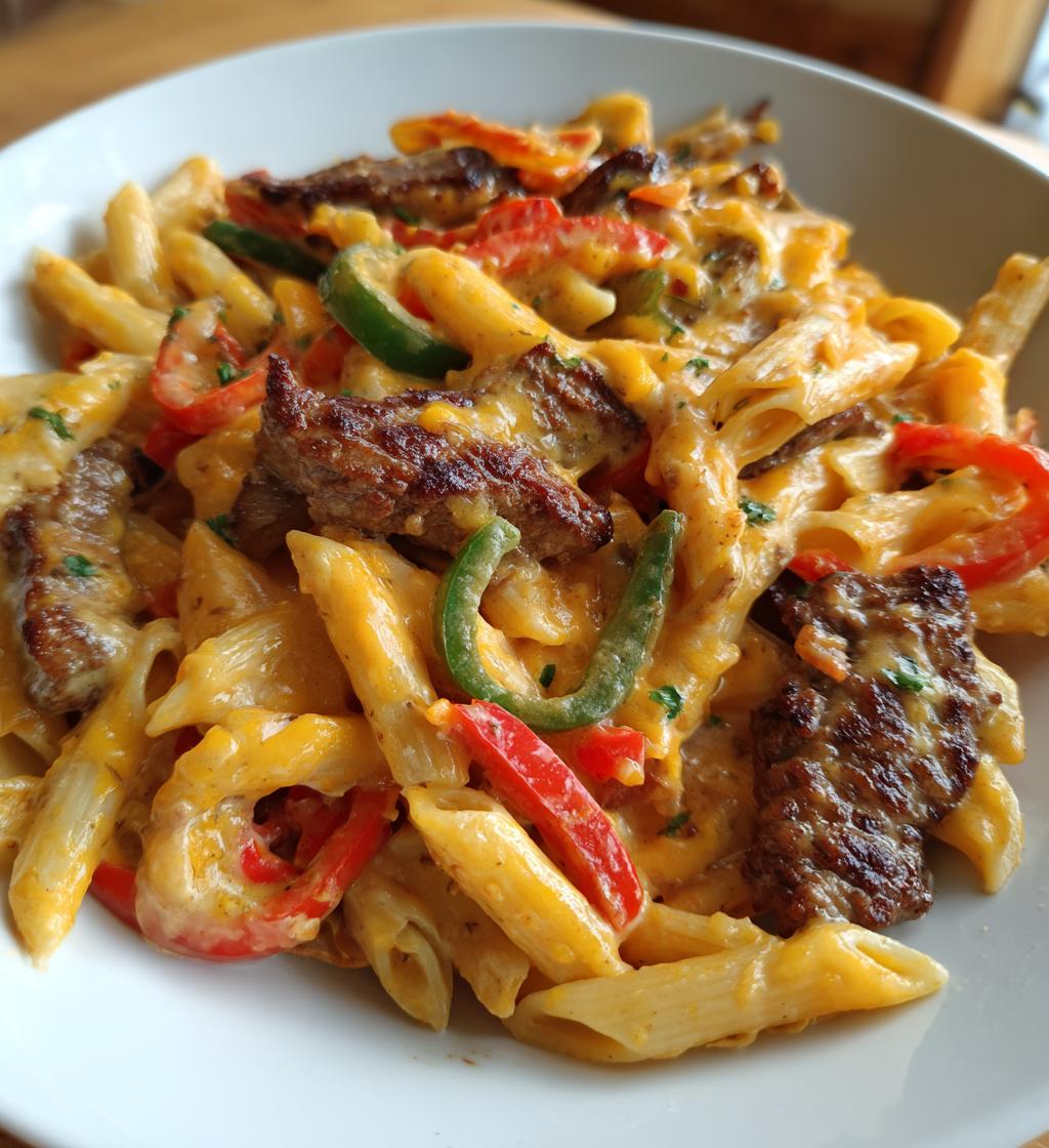 creamy cajun steak cheddar penne skillet