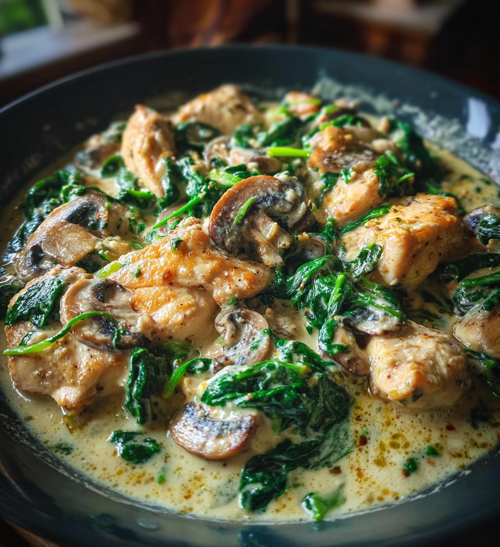 creamy chicken mushroom spinach skillet - detail 1