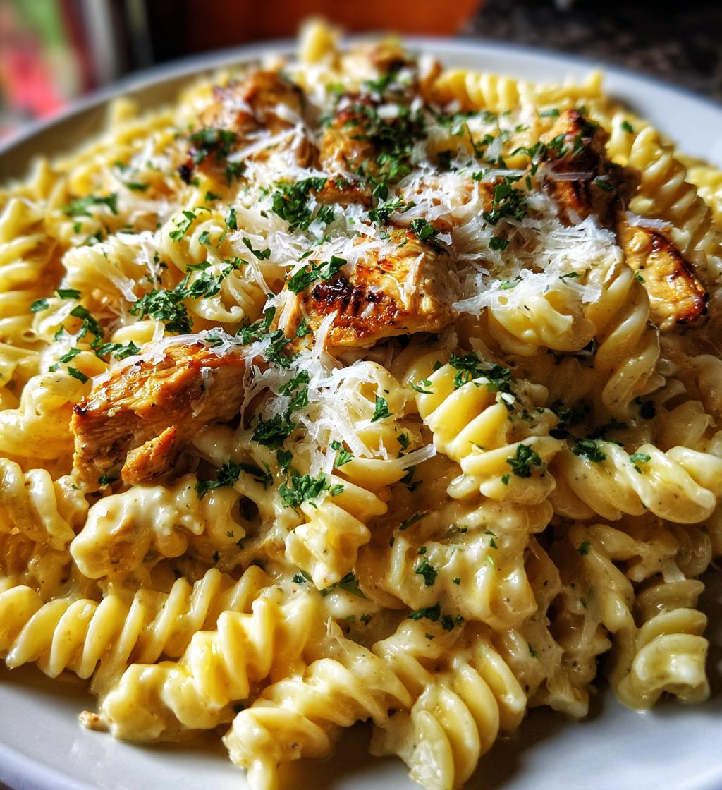 creamy garlic butter chicken rotini parmesan - detail 1
