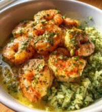 creamy garlic butter shrimp bowl with herb rice