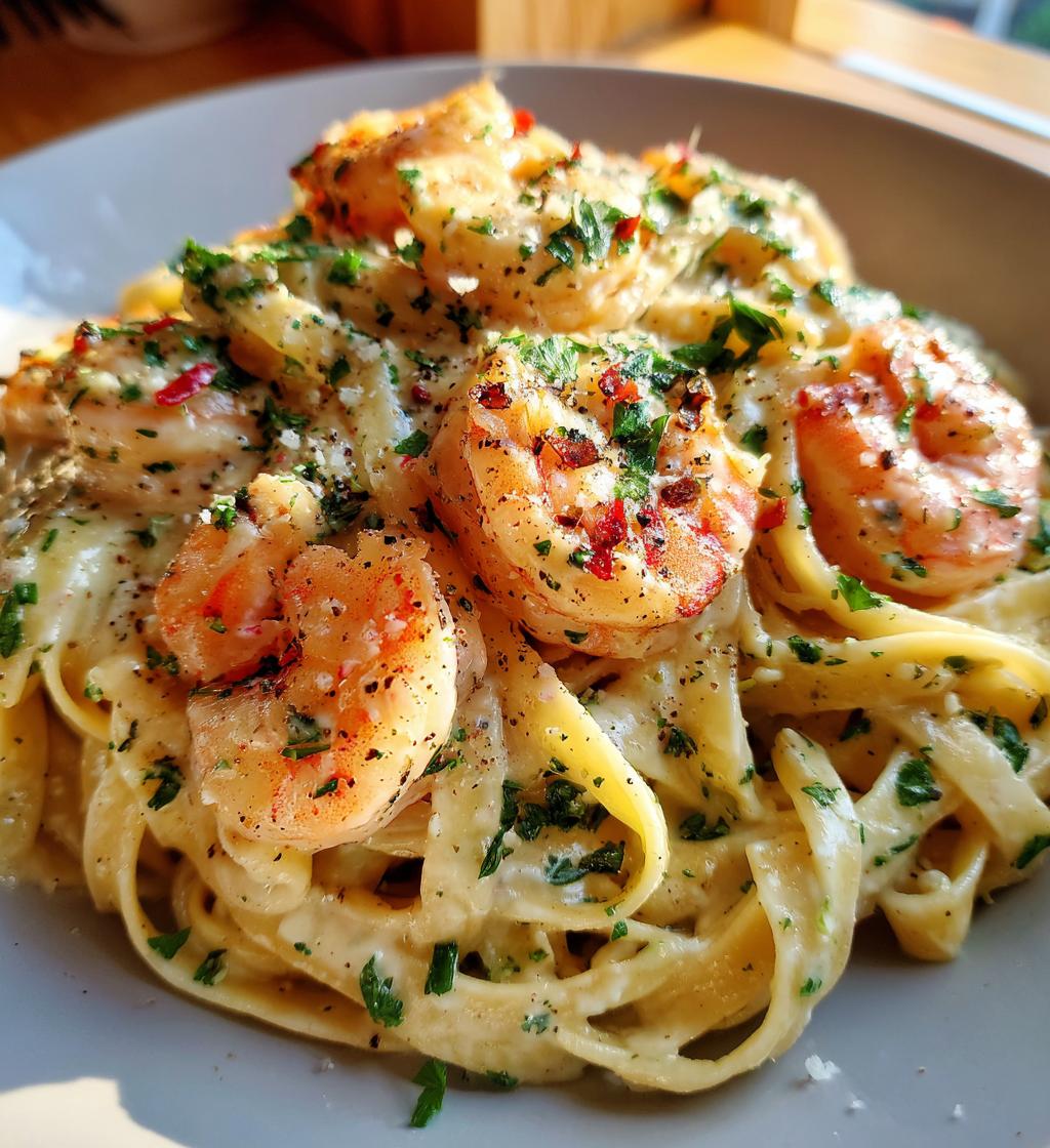 creamy garlic shrimp pasta - detail 1