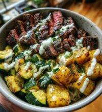 creamy grilled steak bowl recipe with zucchini