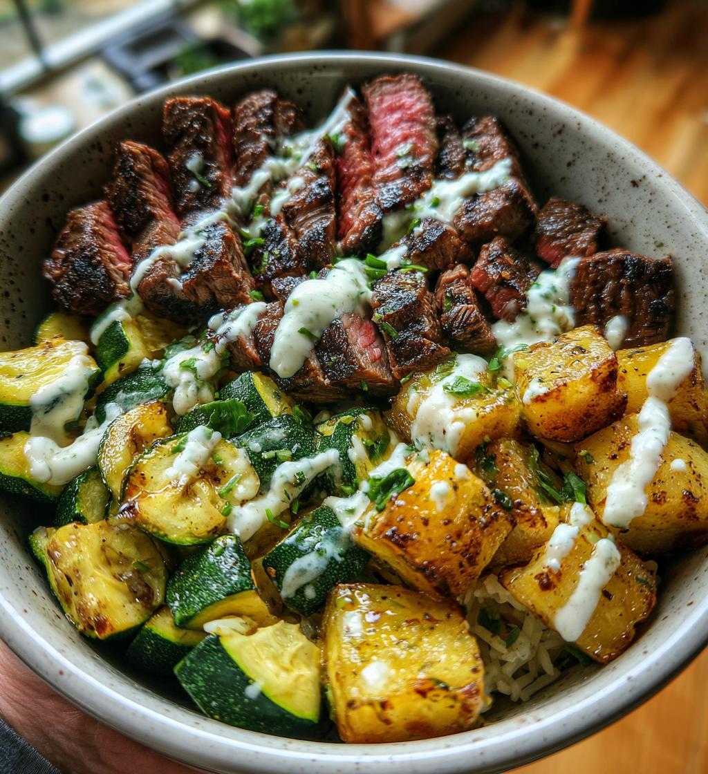 creamy grilled steak bowl recipe with zucchini