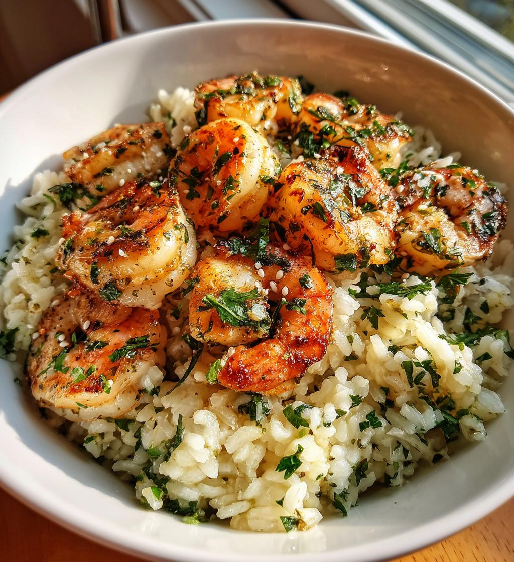 creamy herb rice with garlic butter shrimp bowl - detail 1