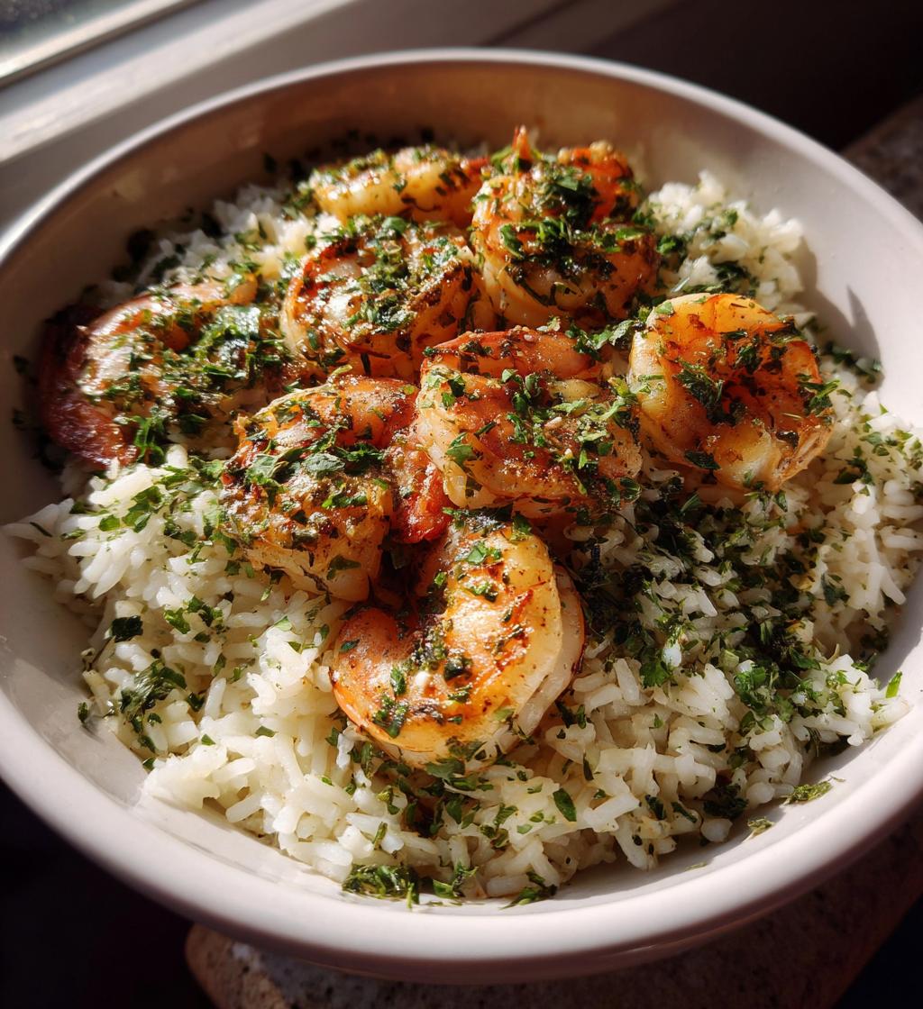 creamy herb rice with garlic butter shrimp bowl
