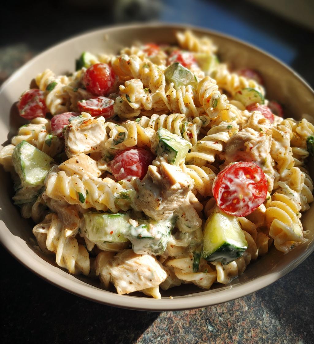 creamy high protein pasta salad