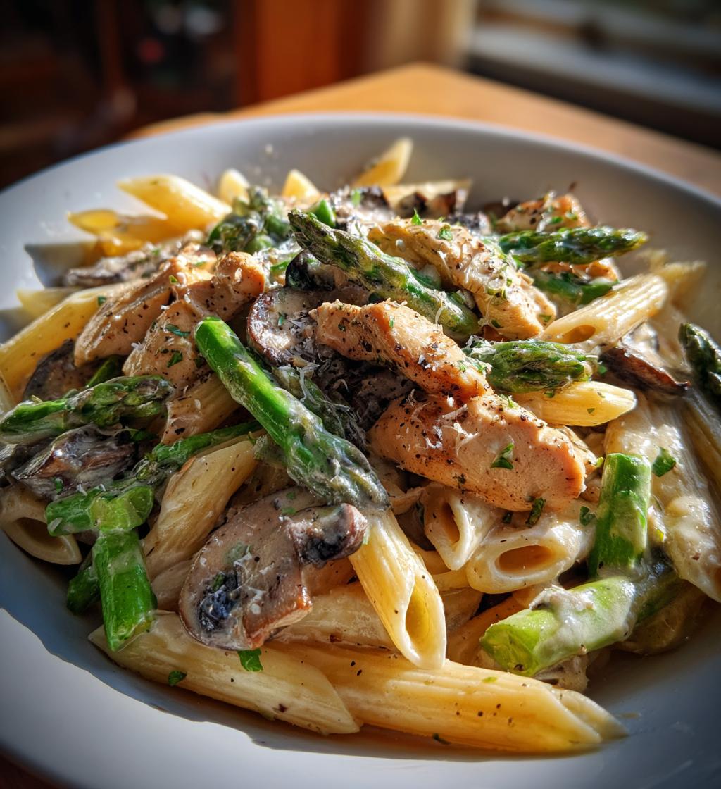 creamy mushroom and asparagus chicken penne - detail 1