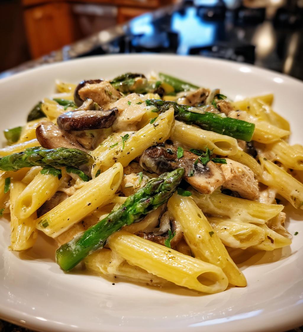 creamy mushroom and asparagus chicken penne - detail 1