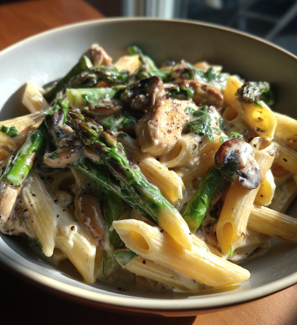 creamy mushroom and asparagus chicken penne