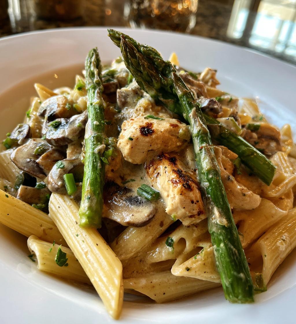 creamy mushroom and asparagus chicken penne