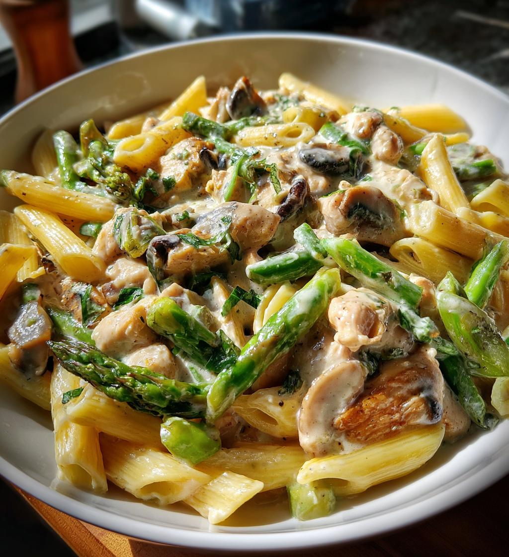 creamy mushroom asparagus chicken penne - detail 1