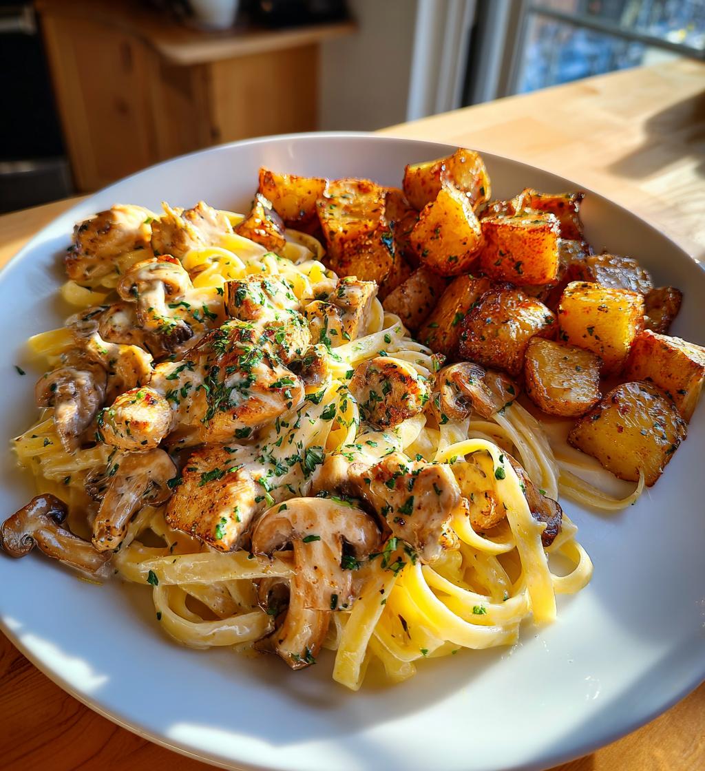 creamy mushroom chicken alfredo recipe with hot honey roasted potatoes - detail 1