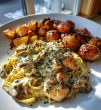 creamy mushroom chicken alfredo recipe with hot honey roasted potatoes