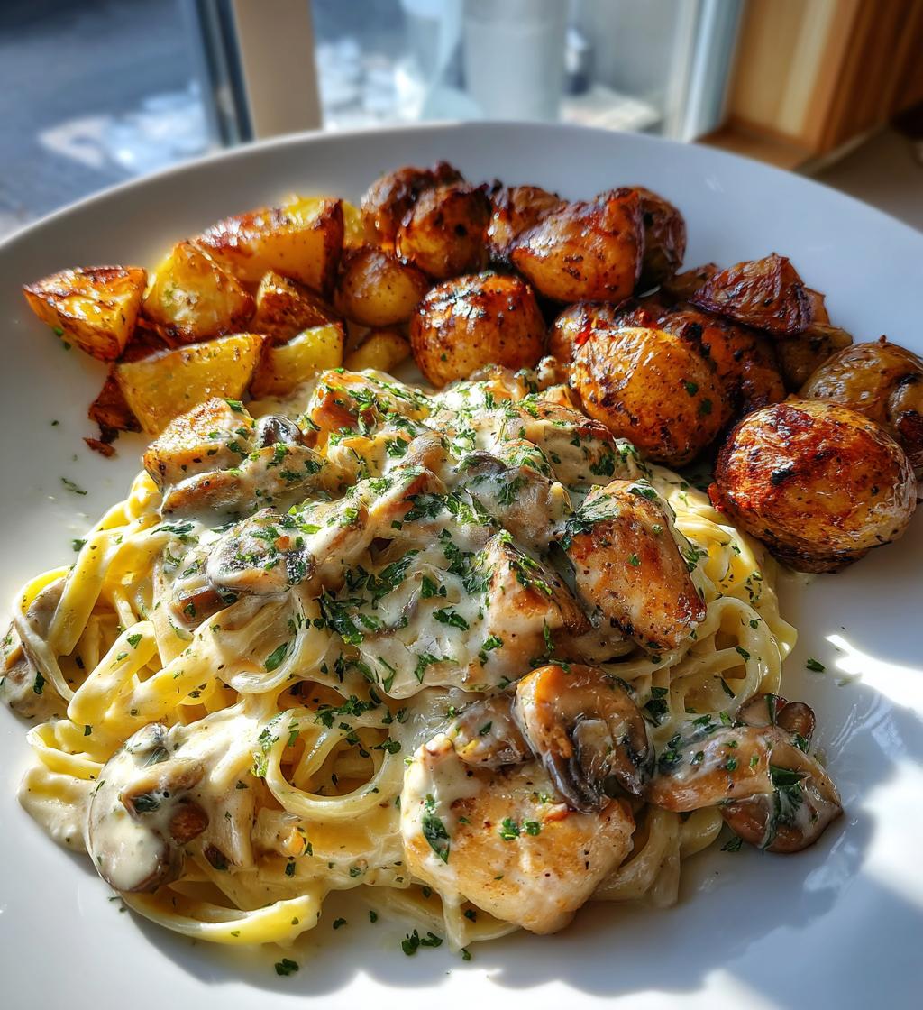 creamy mushroom chicken alfredo recipe with hot honey roasted potatoes