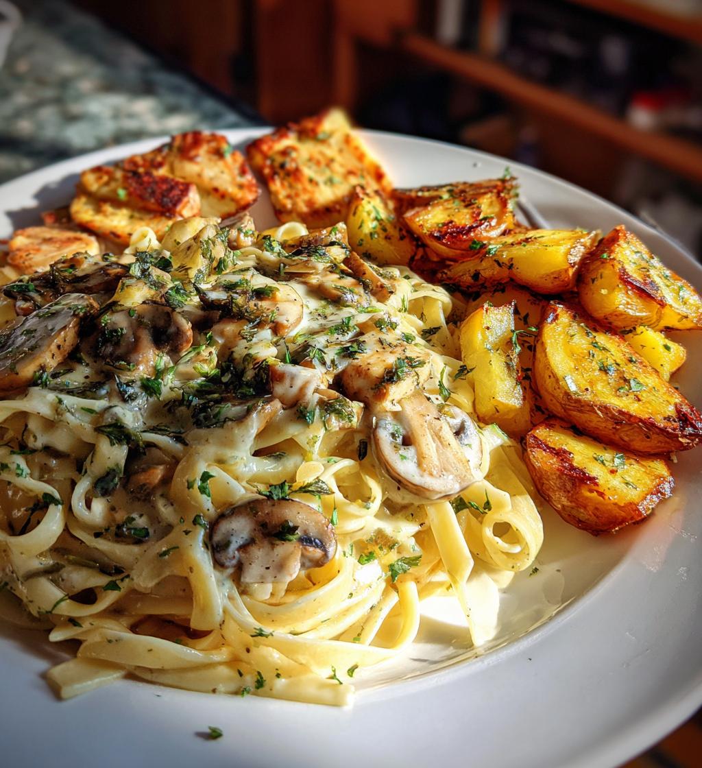 creamy mushroom garlic chicken alfredo hot honey roasted potatoes - detail 1