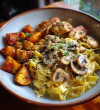 creamy mushroom garlic chicken alfredo hot honey roasted potatoes