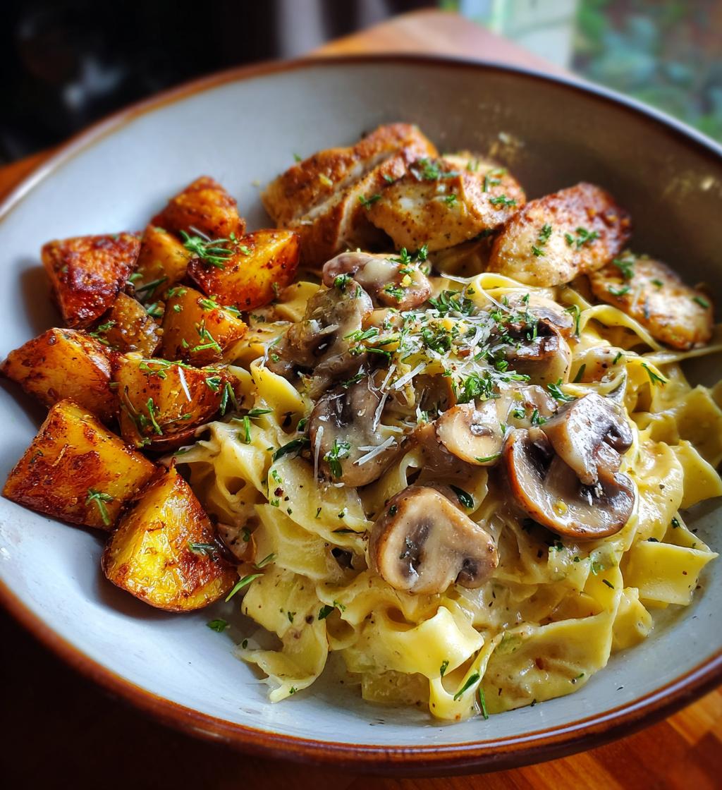 creamy mushroom garlic chicken alfredo hot honey roasted potatoes