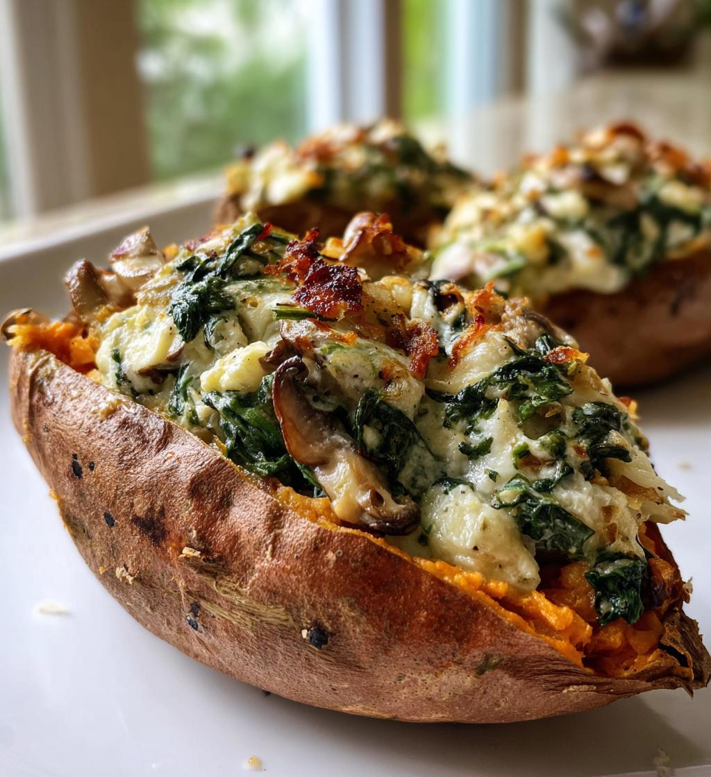 creamy mushroom spinach stuffed sweet potatoes - detail 1