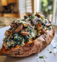 creamy mushroom spinach stuffed sweet potatoes