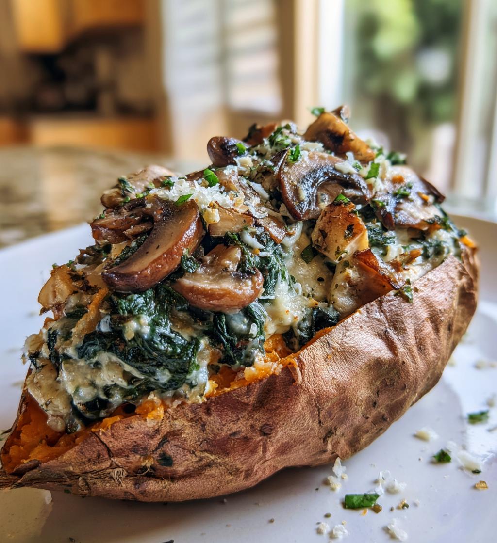 creamy mushroom spinach stuffed sweet potatoes