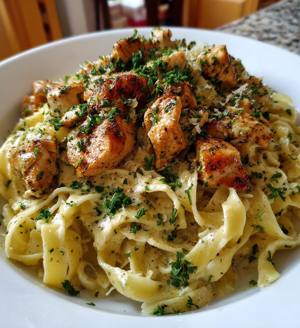 creamy parmesan pasta with sauteed garlic butter chicken - detail 1