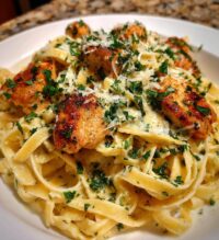 creamy parmesan pasta with sauteed garlic butter chicken