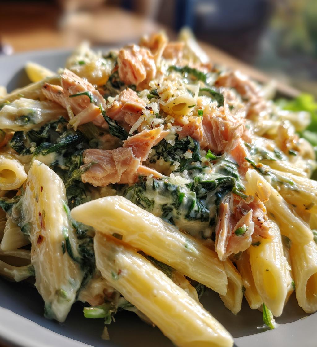 creamy salmon and spinach pasta - detail 1