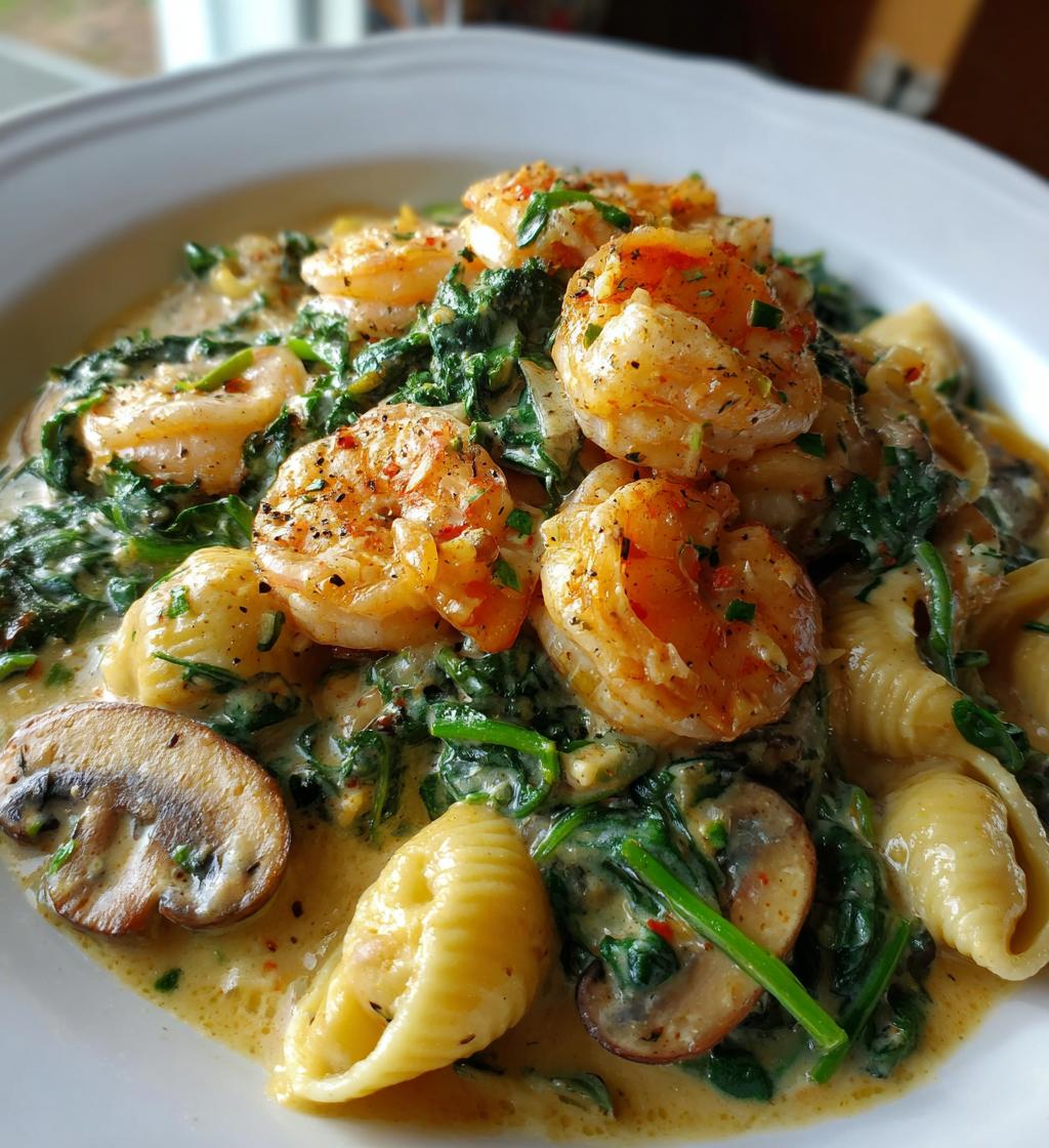 creamy spinach mushroom shrimp shells - detail 1
