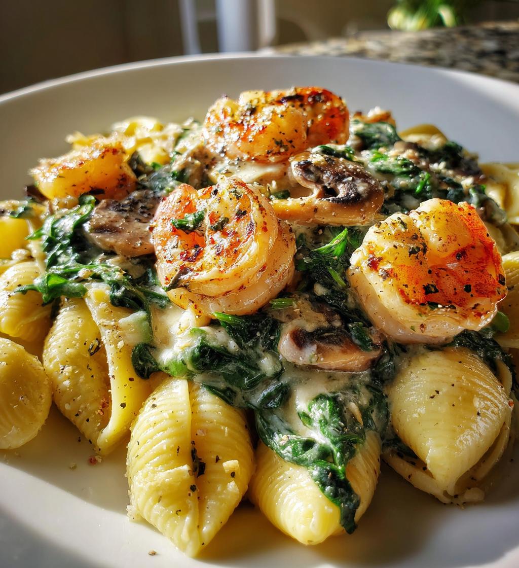 creamy spinach mushroom shrimp shells