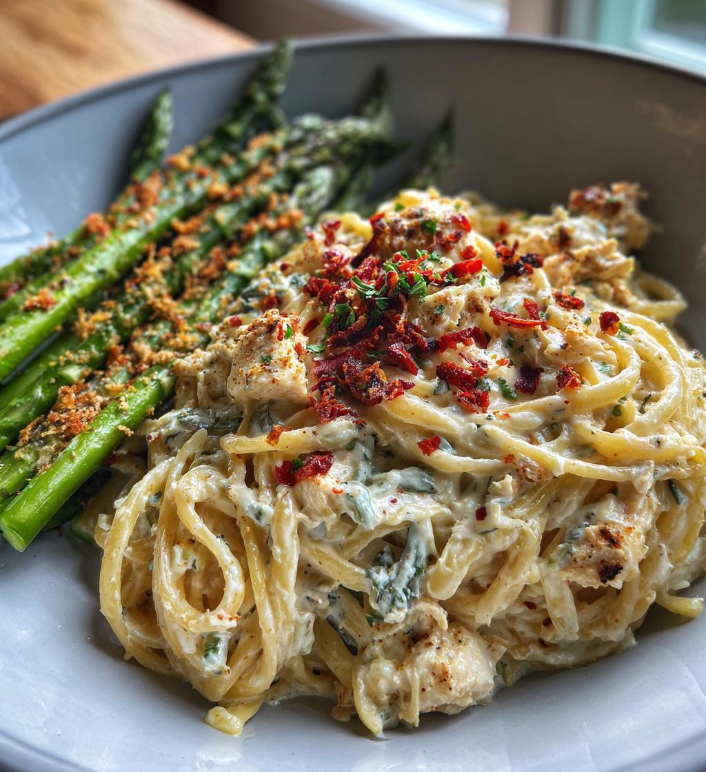 delicious greek chili chicken alfredo with smoked feta cream crispy parmesan asparagus - detail 1