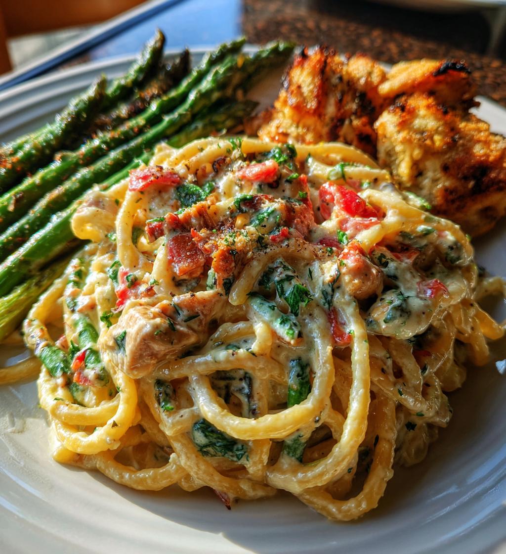 delicious greek chili chicken alfredo with smoked feta cream crispy parmesan asparagus