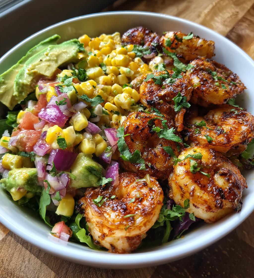 easy grilled shrimp bowl recipe with avocado corn salsa