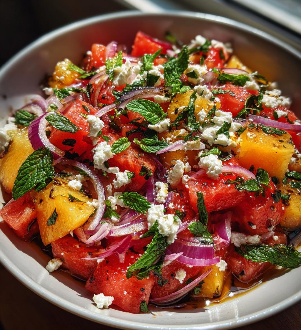 easy summer peach watermelon salad - detail 1