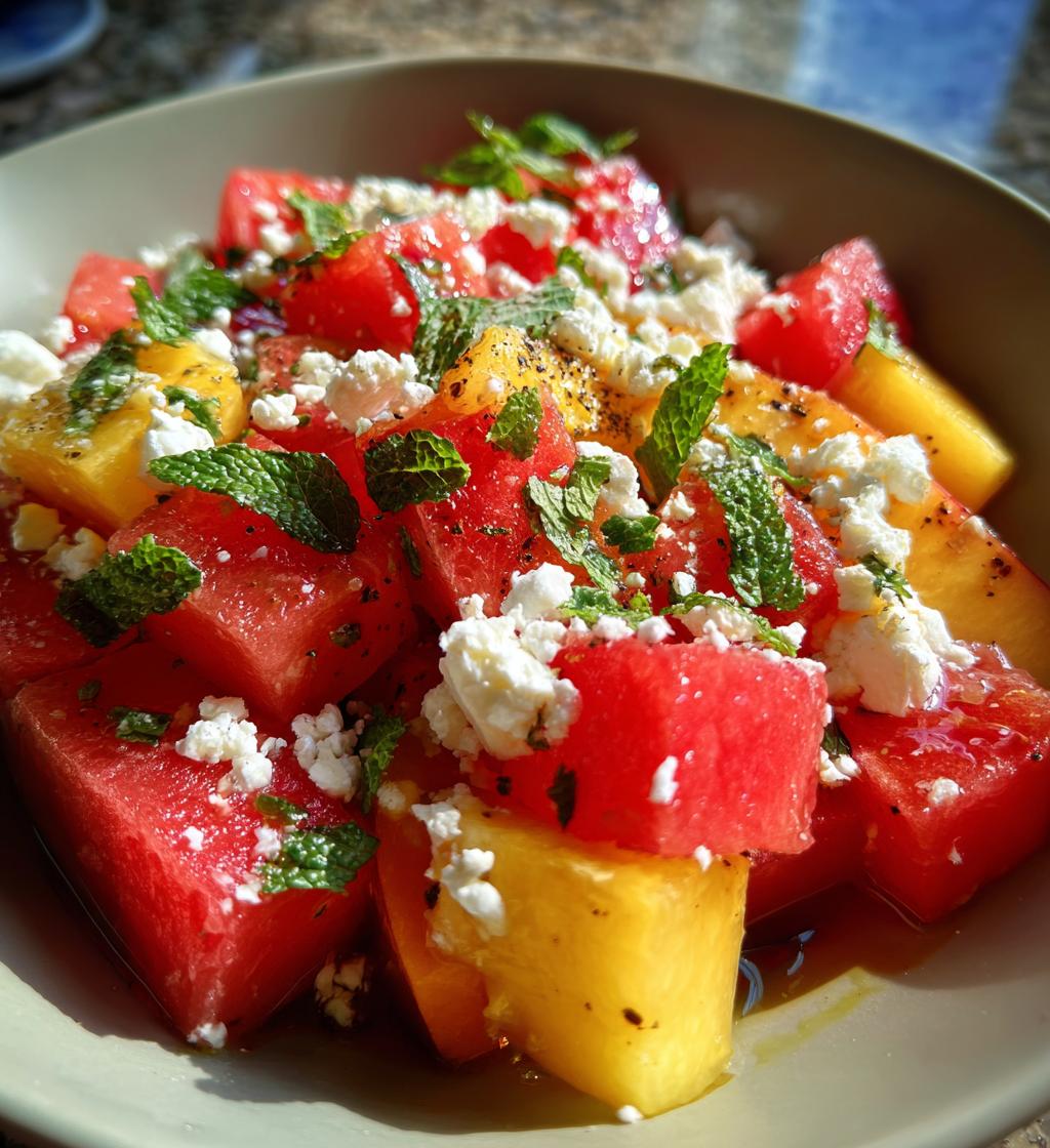 easy summer peach watermelon salad - detail 1