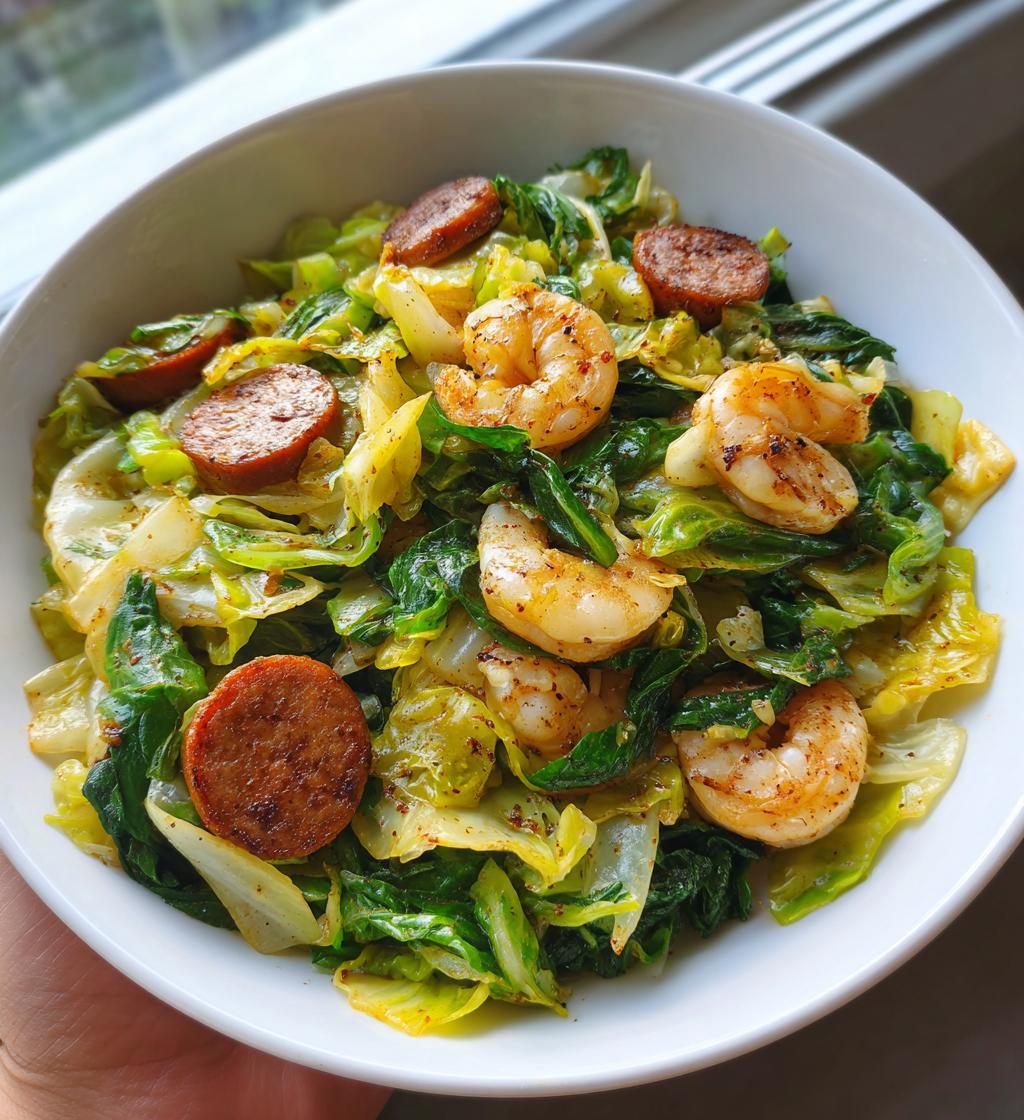 fried cabbage with shrimp sausage