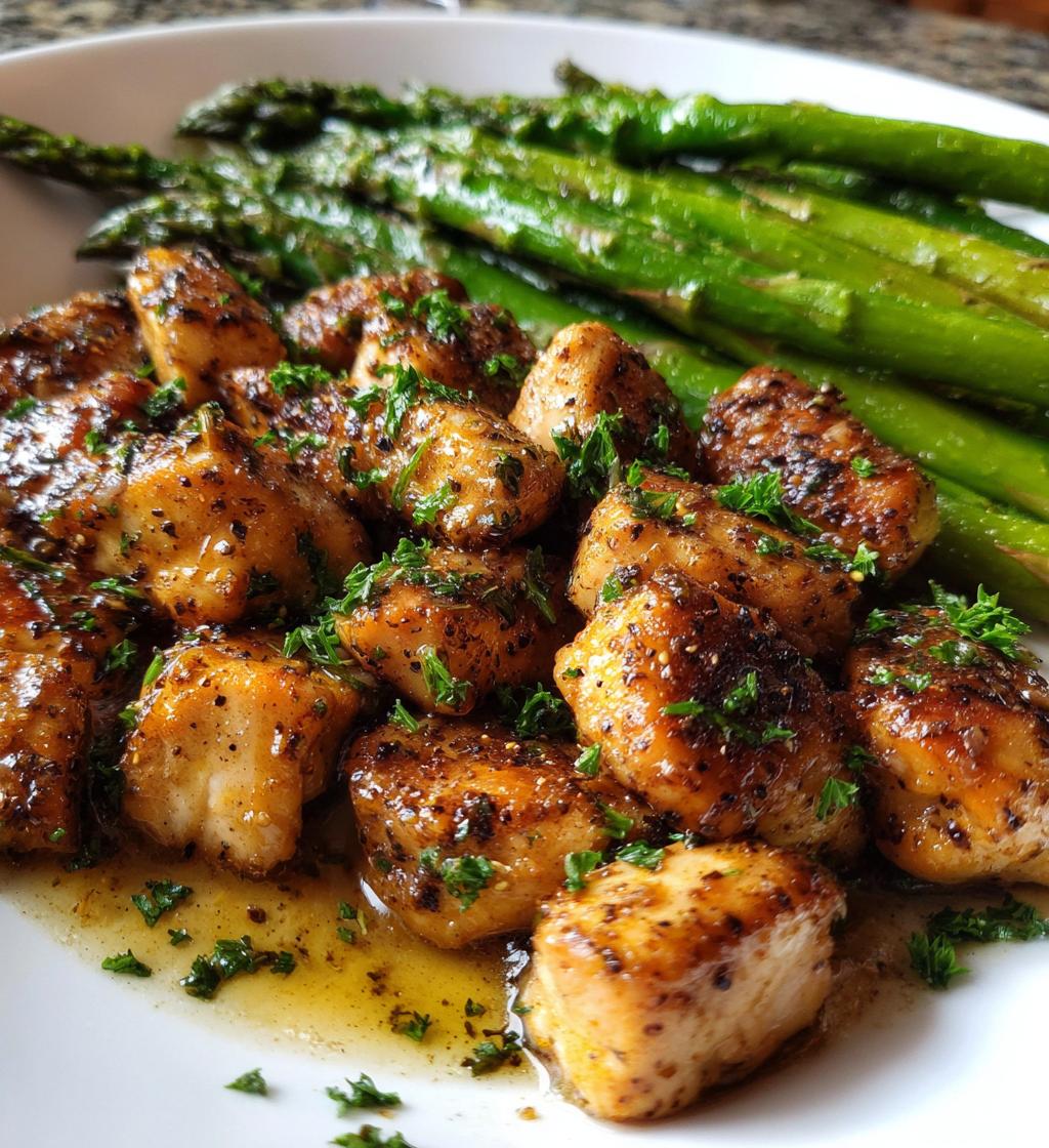 garlic butter chicken bites and asparagus - detail 1