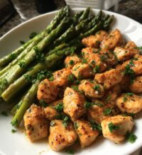 garlic butter chicken bites and asparagus