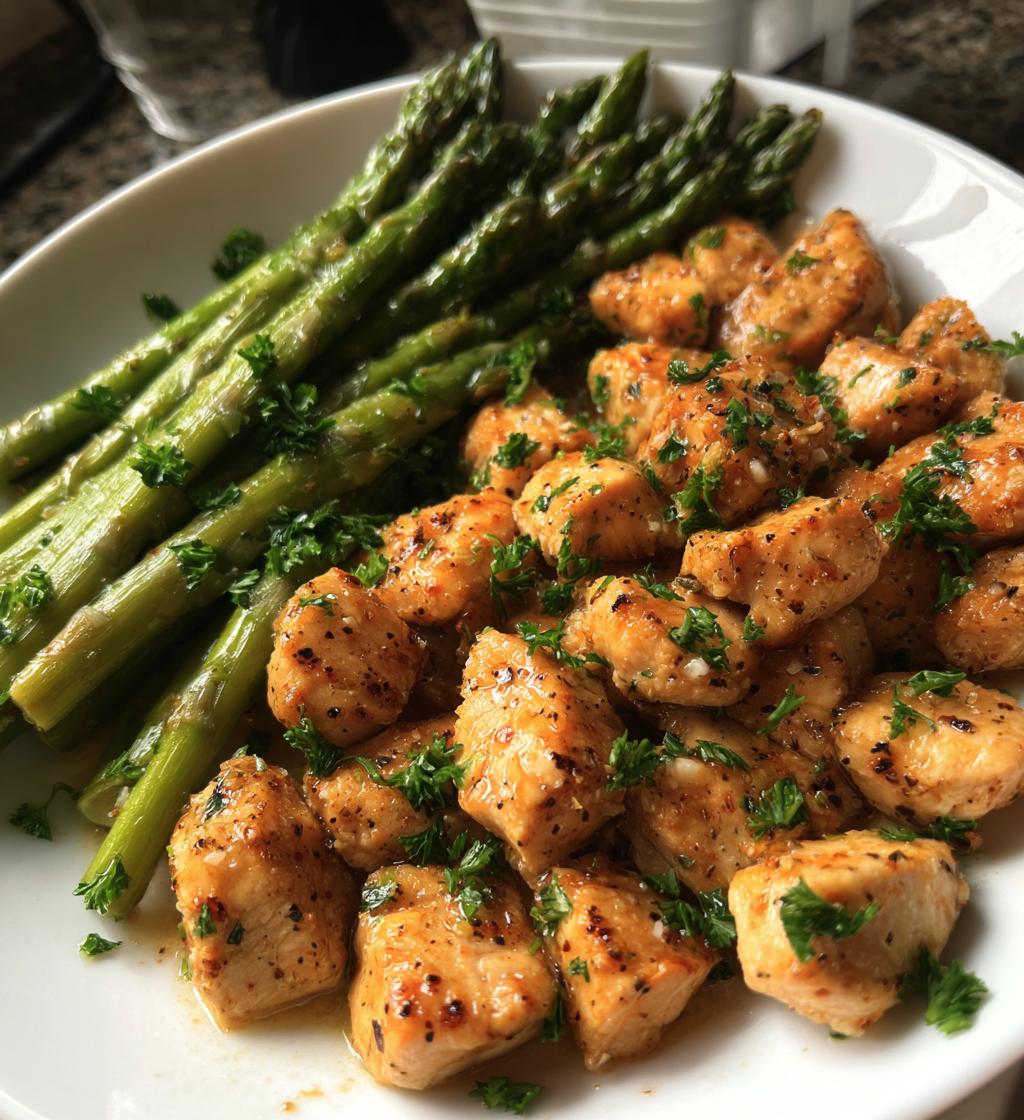 garlic butter chicken bites and asparagus